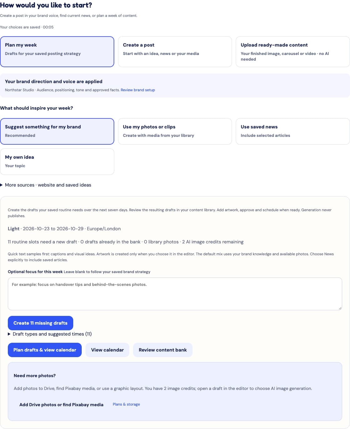 SMR weekly content creator showing brand context, source options and a brief for the next seven days.