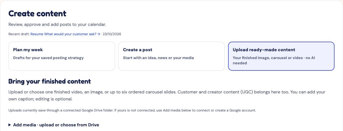 SMR ready-made content workspace showing the upload workflow for finished images, carousels and videos.