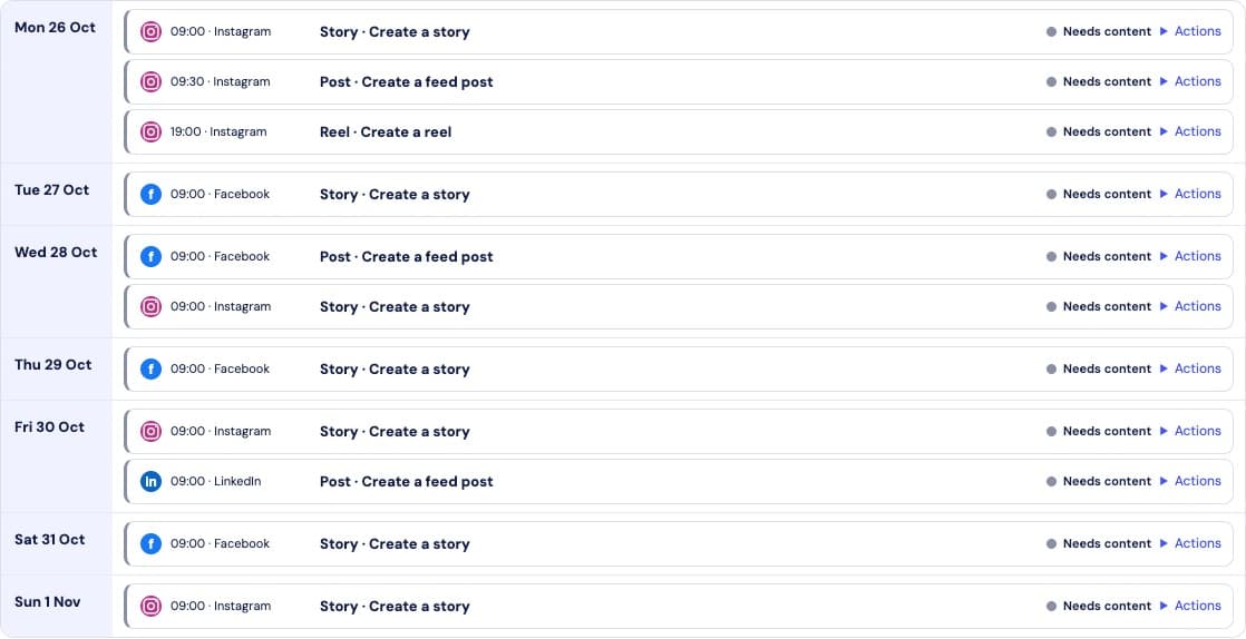SMR weekly reminder calendar with channel-specific posting tasks arranged by day and time.