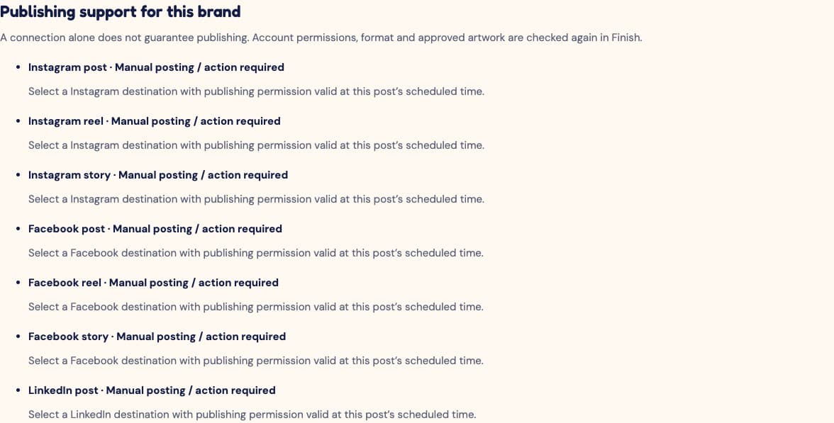 SMR Channels screen listing publishing support, account permissions and manual posting requirements by destination.