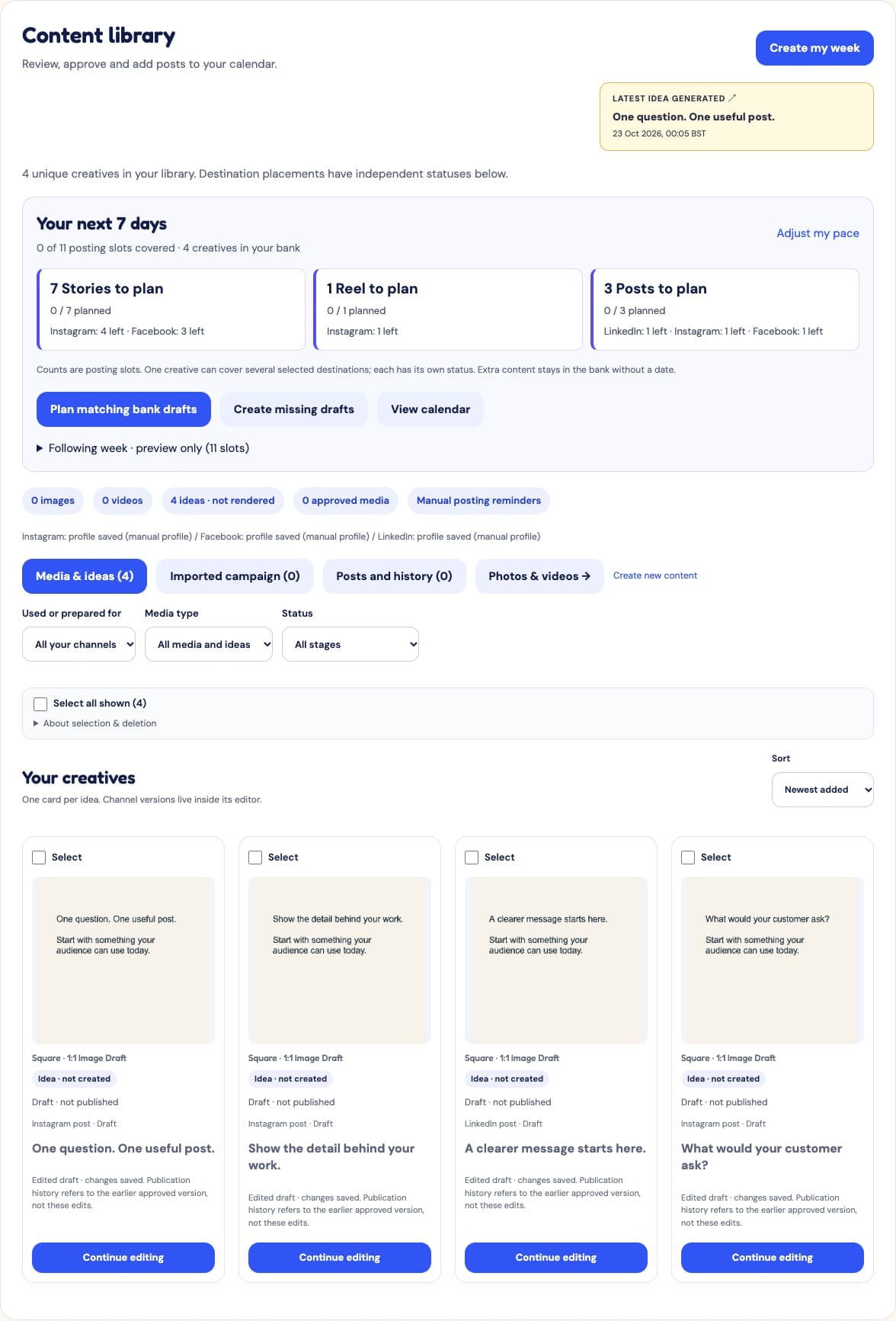 SMR content library showing separate draft ideas, status filters and editing controls.
